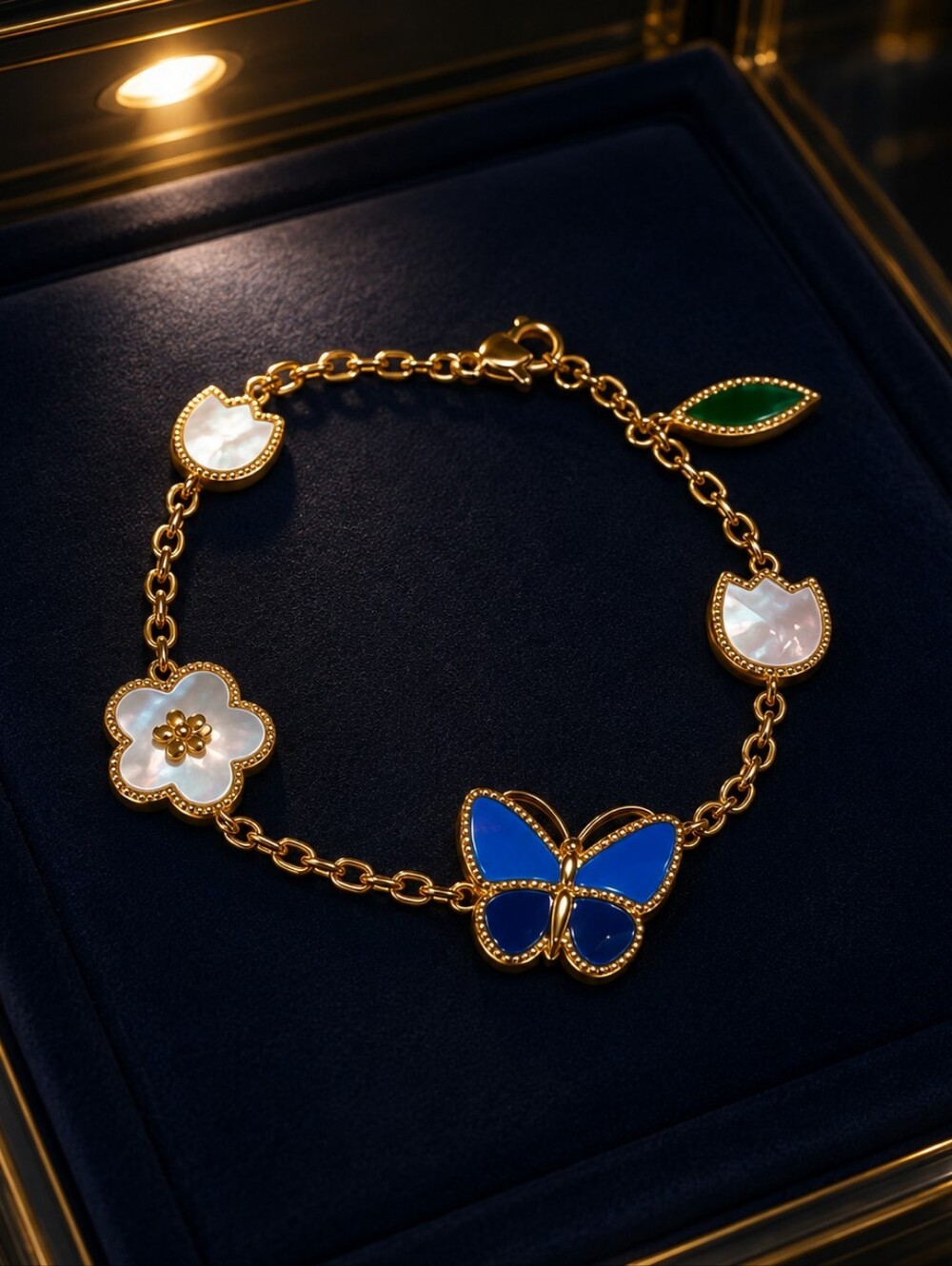 Gold Charm Bracelet with Blue Butterfly and Mother-of-Pearl Accents